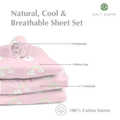 Salt Earth 100% Cotton 210TC Kids Bedsheet, Twin Sheets Set for Toddler Bed, 3 Piece Bedding Set Including Flat Sheet, Fitted Sheet, and Pillowcase, Themed Cute Sheets for Playful Kids Bed(Rainbow) Salt Earth