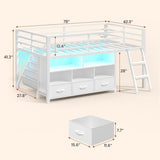 BTHFST Low Loft Bed Twin Size with 3 Storage Drawers, 3-Tier Kids Bookshelf, 5 Open Cubbies and 2 LED Lights Strips, Metal Kids Loft Bed with High Safety Guardrail, Inclined Ladder and Play Area BTHFST