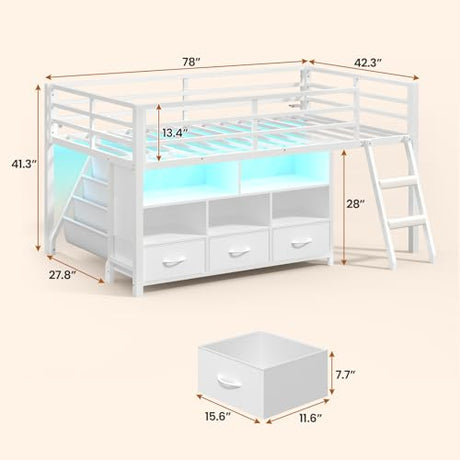 BTHFST Low Loft Bed Twin Size with 3 Storage Drawers, 3-Tier Kids Bookshelf, 5 Open Cubbies and 2 LED Lights Strips, Metal Kids Loft Bed with High Safety Guardrail, Inclined Ladder and Play Area BTHFST