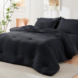 HYMOKEGE Black Queen Comforter Set Seersucker 7 Pieces, All Season Luxury Bed in a Bag for Bedroom, Bedding Set with Comforters, Sheets, Pillowcases & Shams HYMOKEGE