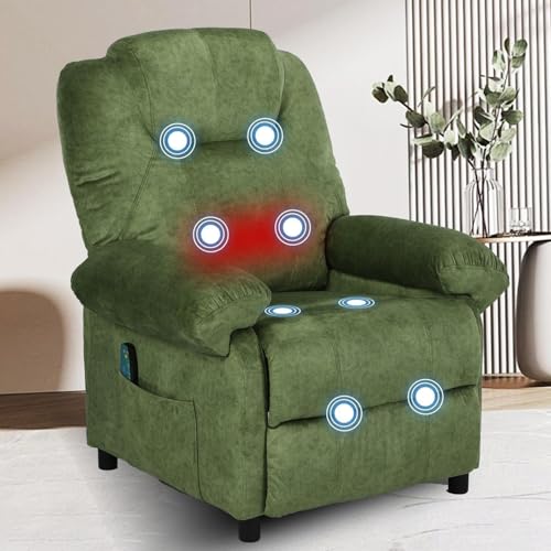 KCREAM Overstuffed Push Back Recliner Chair for Living Room, Mid Century Fabric Heated Massaging Reclining Chair Small Recliner Chair with Heat and Massage, Green