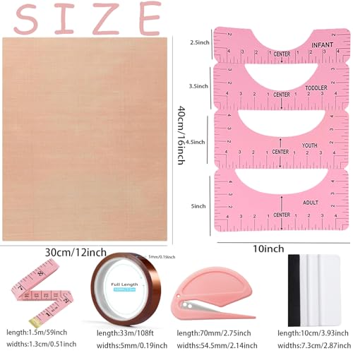 Sublimation Shirts Tool Kits (Pink) - 4 T Shirt rulers, 3Pack Teflon Sheet for Heat Press 12 x 16in - 2 Rolls Heat Resistant Tape,1 Tape Measure,1Squeegee for Vinyl YOUlDIANZI