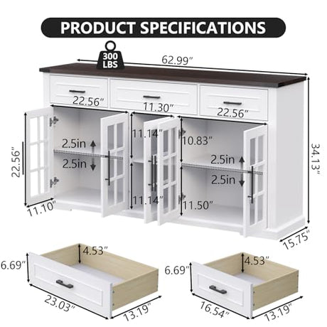 Gyfimoie 63" Sideboard Buffet Cabinet with Glass Doors, Farmhouse Large Buffet Table with 3 Storage Drawers, Modern Coffee Bar Wine Bar Cabinet with Adjustable Shelves for Kitchen, Dining Room, White Gyfimoie