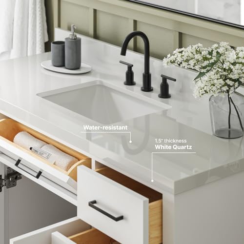 ARIEL Hepburn 55" White Bathroom Vanity with Sink, 1.5" Edge Pure White Quartz Countertop & Splash, Rectangular Sink, 2 Soft Closing Doors, 8 Full Extension Dovetail & 1 45-Degree Tilt Drawers ARIEL