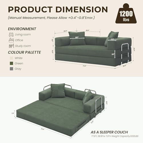 GRUSIGN 78 Inch Convertible Sofa Bed, 5-in-1 Futon Sofa Bed Pull Out Couch, Boneless Couch Bed for Living Room, Corduroy Boneless Couches for Bedroom, Apartment, No Assembly Sleeper Sofa Bed, Green GRUSIGN