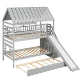 Harper & Bright Designs Twin Over Twin Wood Bunk Bed with Trundle and Staircase, Solid Wood Bunk Bed Frame with Storage, Playhouse Bunk Bed with Roof and Window for Kids, Gray Harper & Bright Designs