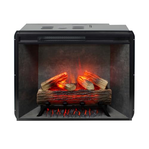 Modern Ember Uptown 28" Smart Electric Fireplace Insert with Remote, Alexa/WiFi Enabled - 1,000 Sq Ft Electric Heater with Realistic Flames and Log Set, Concrete Background Modern Ember