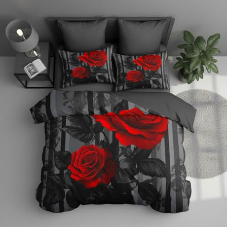 CCoutueChen Black Red Comforter Set King Size Women Red Rose Bedding Set with Black Grey Stripe Background, Suitable for Gothic Vintage Decor, 2 Pillowcases, 3Piece CCoutueChen