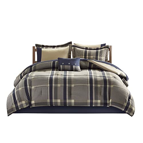 Intelligent Design Robbie 7-Piece Twin XL Comforter Set – Lightweight All-Season Plaid Bedding, Navy/Tan, Cozy Bed-in-a-Bag with Matching Shams & Decorative Pillow, Modern Casual Style Intelligent Design