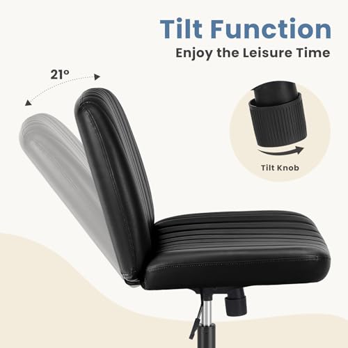 DUMOS Desk Chair No Wheels, Criss Cross Chair Wide Cross Legged Office Desk Vanity Chair, PU Leather Armless Adjustable Swivel Chairs for Home Computer Task Black DUMOS