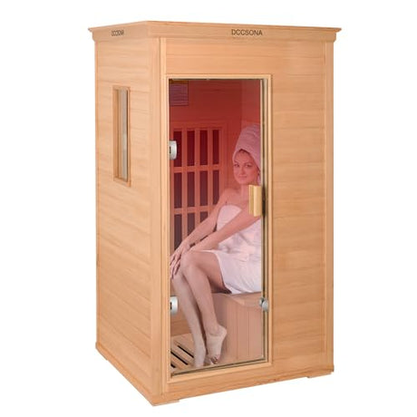1-Person Far Infrared Sauna with Red Light Therapy – Compact Canadian Hemlock Wood Indoor Home Spa, 4 Fast Heating Panels (1000W 110V), Bluetooth, 7-Color LED & Timer – 65.4" Tall (Fits Small Spaces) DCCSONA