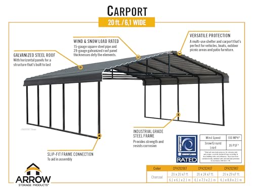 Arrow Carports Galvanized Steel Carport, Double Car Metal Carport Kit, 20' x 20' x 7', Charcoal Arrow Shed