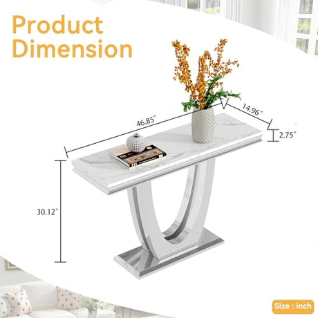 47" Marble Console Table Luxury Silver Sofa Table with Geometric U-Shape Stainless Steel Pedestal Modern Long Console Sofa Table White Marble Entryway Hall Table for Living Room Hallway Goujxcy