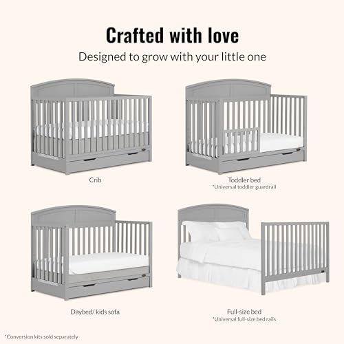 Dream On Me Storybrooke 5-in-1 Convertible Full-Size Crib with Under Drawer, Pebble Grey, GreenGuard Gold & BSA, Convert to Toddler, Day & Full-Size Bed, 3 Mattress Heights, Sustainable Pinewood