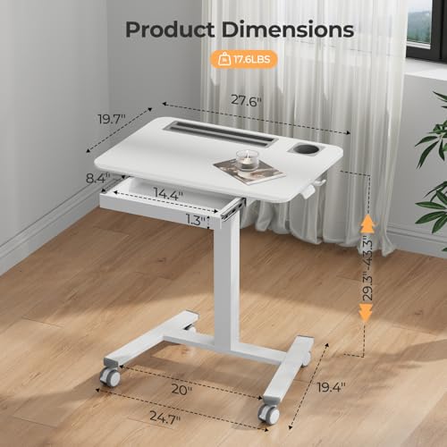 JYLH JOYSEEKER Mobile Standing Desk with Drawer, 28" Rolling Desk with Cup Holder and Hooks, Portable Laptop Cart on Wheels, Height Adjustable Workstation with Storage for Home Office, White JYLH JOYSEEKER