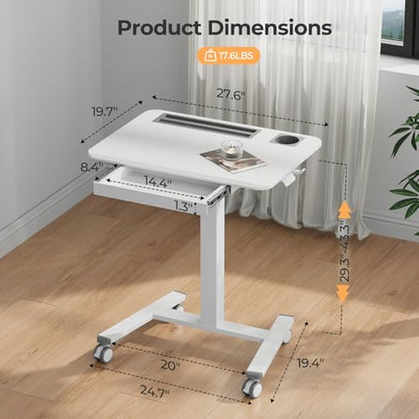 JYLH JOYSEEKER Mobile Standing Desk with Drawer, 28" Rolling Desk with Cup Holder and Hooks, Portable Laptop Cart on Wheels, Height Adjustable Workstation with Storage for Home Office, White JYLH JOYSEEKER