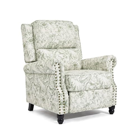 Pushback Recliner Chair, Comfy Fabric Wingback Recliner Chair, Upholstered Armchair Push Back Recliner with Wood Legs, Rivet Trim Single Sofa Accent Chair for Living Room, Bedroom, Rococo Green Qatiby