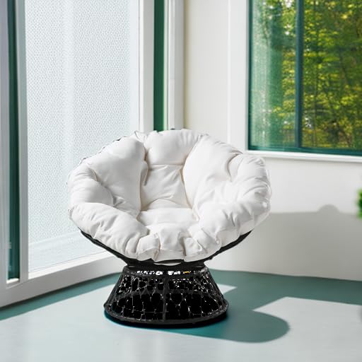OSP Home Furnishings Wicker Papasan Chair with 360-Degree Swivel, Grey Frame with White Cushion OSP Home Furnishings