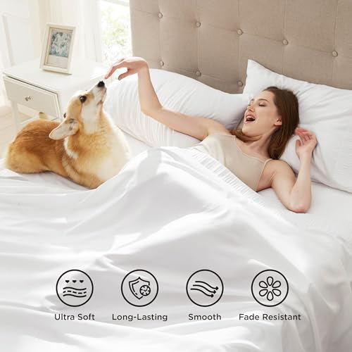 Bedsure Queen Sheet Set - 4 Pieces Soft Queen Size Sheets - Breathable & Cooling - Hotel Luxury - Easy Care Polyester Microfiber Bedding for Women, Men, Bright White Bedsure
