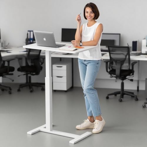 GallopFun Rolling Teacher Standing Desk with Hidden Wheels,Pneumatic Mobile Laptop Table Height Adjustable Small Sit Standing Desk for Home Office,White GallopFun