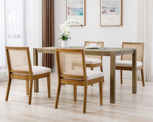 HNY LIVINOVA Farmhouse Rattan Dining Chairs Set of 6, Mid Century Modern Kitchen & Dining Room Chairs, Cane Upholstered Kitchen Chairs Side Chairs with Natural Hardwood Frame, Beige - WoodArtSupply