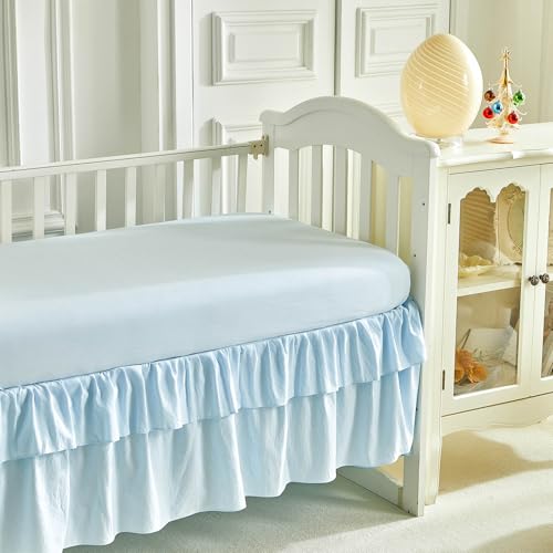 Patchwork Crib Bedding Set Blue Ocean Plaid Design 3 Pieces Baby Cute Quilted Comforter with Fitted Sheet and Bed Skirt - Whales Dolphins Turtles Seahorses Shell Marine Animals Style Crib Bed Set UOZZI BEDDING