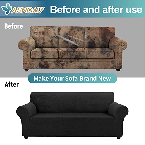 Asnomy Couch Covers for 3 Cushion Couch Sofa Pet Friendly, 3 Seater Sofa Cover Washable Slipcovers Protector Furniture Covers for Dogs Spandex Jacquard Fabric Small Checks（Large，Black） Asnomy