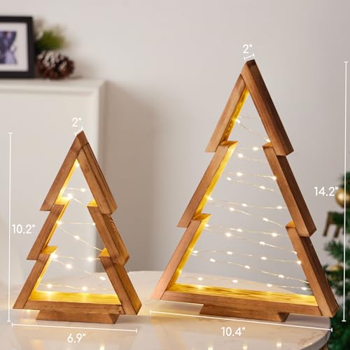 Mokof 2 Pack Wooden Tabletop Christmas Trees with Lights, Modern Christmas Decorations Indoor, Farmhouse Christmas Decor Small Tree for Table Top, Mantle, Shelf (Large-14.2 in, Small-10.2 in)