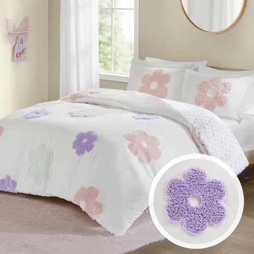 Intelligent Design Kids Full Duvet Cover Set for Girls, Tufted Chenille Floral Duvet Set Queen, Lightweight Polka Dot Reversible Bedding Cover, Gracie, Full/Queen White/Purple 4 Piece Intelligent Design