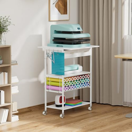 Homsorout Movable Heat Press Table - Heat Transfer Machine Stand Compatible for Cricut, Vinyl Roll Holder, Rolling Metal Wood Sublimation Printer Organizer for T Shirt Maker Craft, 23.6''×19.6'' Homsorout