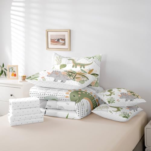 Feelyou Kids Cute Dinosaur 7 Piece Bedding Set Twin Size Cartoon Green Dinosaur Comforter Set with Sheets for Boys Girls Teens Cute Animal Bed in a Bag Coconut Plant Bed Set Feelyou