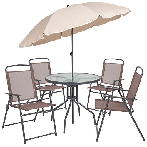 Flash Furniture Nantucket 6-Piece Patio Dining Set with Glass Table, 4 Folding Chairs, and Umbrella, Outdoor Patio Set, Brown Flash Furniture