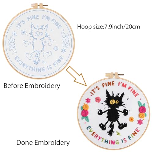 Louise Maelys Cute Cat Embroidery Kits for Beginners,Adults Starter Cross Stitch Kit with Funny Animal Pattern,DIY Needlepoint Everything is Fine