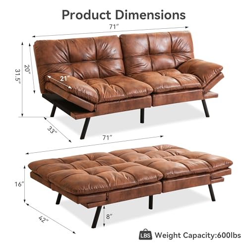 Erdoru Convertible Futon Sofa Bed,71" Modern Premium Faux Leather Futon Couch with Adjustable Backrest&Armrest,Small Loveseat Sleeper Sofa,Dorm Futonsofa for Apartment,Living Room,Whisky Brown Erdoru