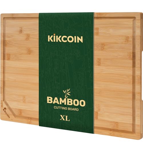 Bamboo Cutting Boards for Kitchen, Extra Large Wood Cutting Board with Deep Juice Groove and Handle Heavy Duty Chopping board, Kikcoin, 17.6" x 12" - WoodArtSupply