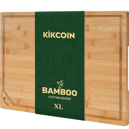 Bamboo Cutting Boards for Kitchen, Extra Large Wood Cutting Board with Deep Juice Groove and Handle Heavy Duty Chopping board, Kikcoin, 17.6" x 12" - WoodArtSupply