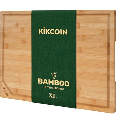 Bamboo Cutting Boards for Kitchen, Extra Large Wood Cutting Board with Deep Juice Groove and Handle Heavy Duty Chopping board, Kikcoin, 17.6" x 12"