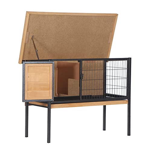 PawHut Rabbit Hutch Elevated Bunny Cage Small Animal Habitat with Metal Frame, No Leak Tray, Mtetal Wire Pan and Openable Water-Resistant Asphalt Roof for Indoor/Outdoor Natural Wood - WoodArtSupply