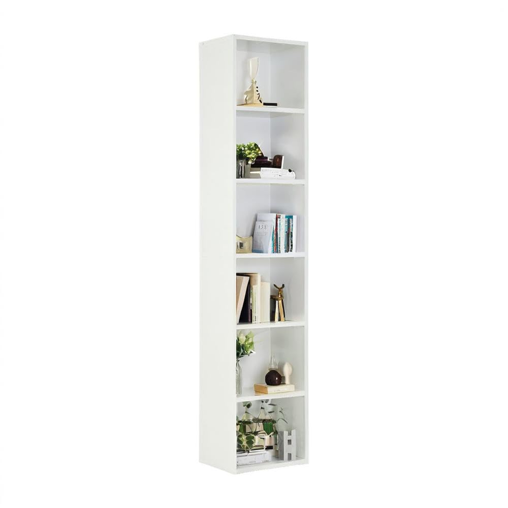 MXV Narrow Bookshelf, 6-Tier Open Bookcase, Coner Shelf, Storage Shelves, Display Storage Shelves, Floor Standing Unit, Furniture for Home Office, Living Room, Bedroom, White MXV