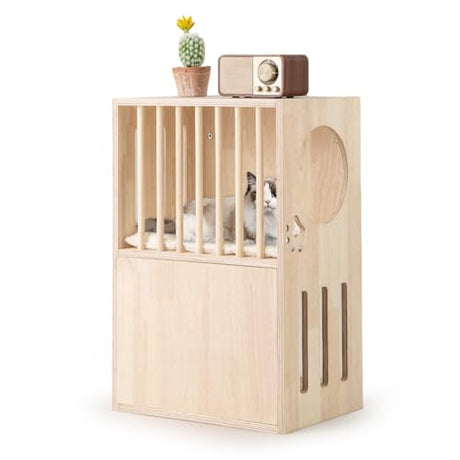 Tangkula 2-Tier Luxury Wood Cat House, Wooden Kitten Cage Condo with 2 Washable Plush Cushions, 2 Access Holes, Indoor Pet Playpen Cat Catio End Side Table Nightstand, Ventilated Cat Bed Furniture Tangkula