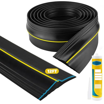 Universal Garage Door Seals Bottom Rubber Kit, Garage Door Threshold Seal Replacement, Garage Door Threshold Strip with 300ml Black Adhesives.(Black, 12FT) - WoodArtSupply