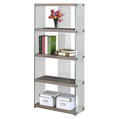 Monarch Specialties 5-Shelf Etagere Bookcase in Dark Taupe with Tempered Glass Frame - WoodArtSupply