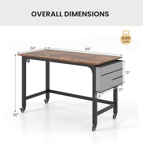 GOFLAME 4ft Conference Table Set of 2, Mobile Home Computer Desk, Meeting Room Table w/Detachable Storage Bag & 2 Headphone Hooks, Rolling Seminar Boardroom Table on Wheels, Black + Rustic Brown GOFLAME