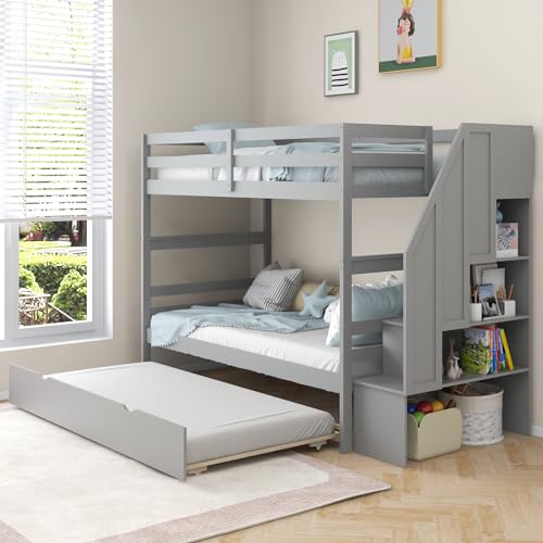 KOTEK Twin Over Twin Bunk Bed with Trundle and Stairs, Solid Wood Bunk Bed Frame with Storage Shelf, Bunk Beds Detachable into 2 Platform Beds for Kids Teens Adults (Grey) KOTEK