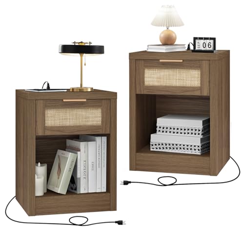 OAKHAM HOME Nightstand Set of 2, Rattan Night Stand with Type-C Charging Station, Bedside Table with Drawer, Boho Bed Side Table End Table Accent Table for Bedroom Living Room (Special Walnut - WoodArtSupply