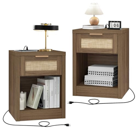 OAKHAM HOME Nightstand Set of 2, Rattan Night Stand with Type-C Charging Station, Bedside Table with Drawer, Boho Bed Side Table End Table Accent Table for Bedroom Living Room (Special Walnut) OAKHAM HOME