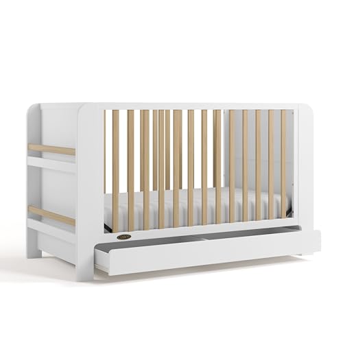 Graco Read-with-Me 4-in-1 Convertible Crib with Drawer (White with Driftwood) - GREENGUARD Gold Certified Converts to Toddler Bed, Daybed, and Functional Bookshelves - WoodArtSupply