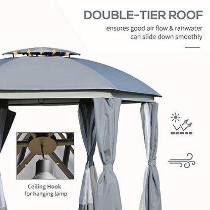 Outsunny 12' x 12' Round Outdoor Gazebo, Patio Dome Gazebo Canopy Shelter with Double Roof, Netting Sidewalls and Curtains, Zippered Doors, Strong - WoodArtSupply