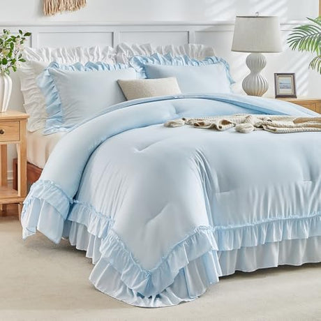 Flysheep Blue Ruffle Comforter Set Twin Size, 3 Pieces Vintage Farmhouse Shabby Chic Comforters, Solid Color Lightweight Soft Fluffy Bedding Sets for Kids (1 Ruffled Comforter + 2 Pillow Shams) Flysheep