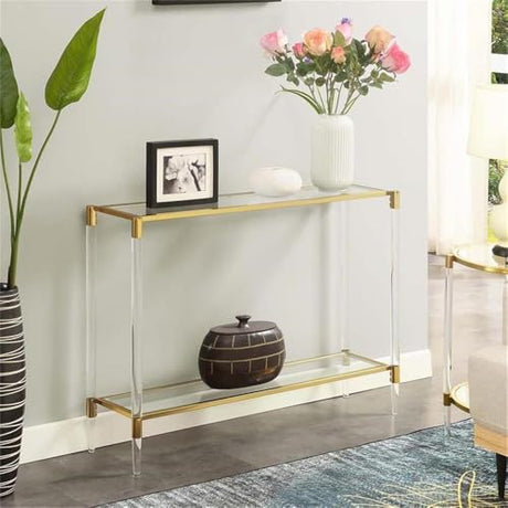 Pemberly Row Two-Tier Acrylic Glass Console Table, Clear Tempered Shelves, Gold Chrome Frame, Sturdy Acrylic Legs, Contemporary Style, 44.25 x 11.25 x 30 in, Elegant Living Room or Entryway Decor Pemberly Row